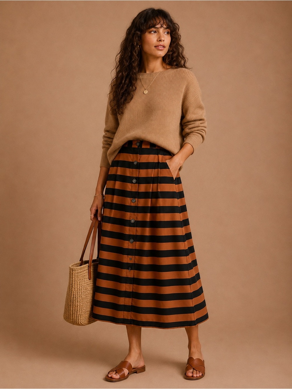 Who What Wear Striped Button Front Midi Skirt Rust Black Size 2
